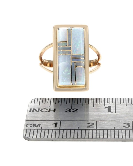 Navajo Julian Arviso 14K Yellow Gold & White Opal Inlay Ring